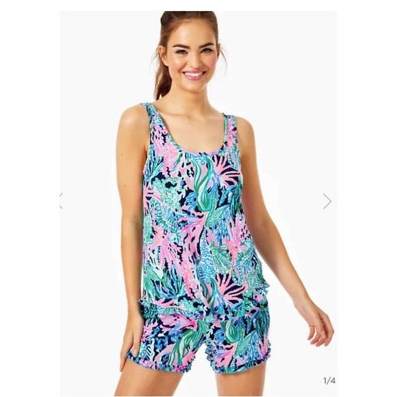 Lilly Pulitzer Women's PJ Tank Top Knit Ruffle High Tide Navy Pajamas Size Lrg - Picture 3 of 8